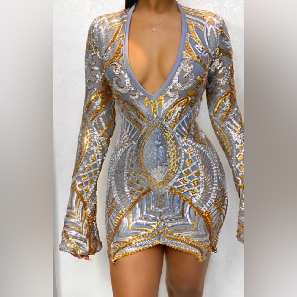 silver and gold sequined dress